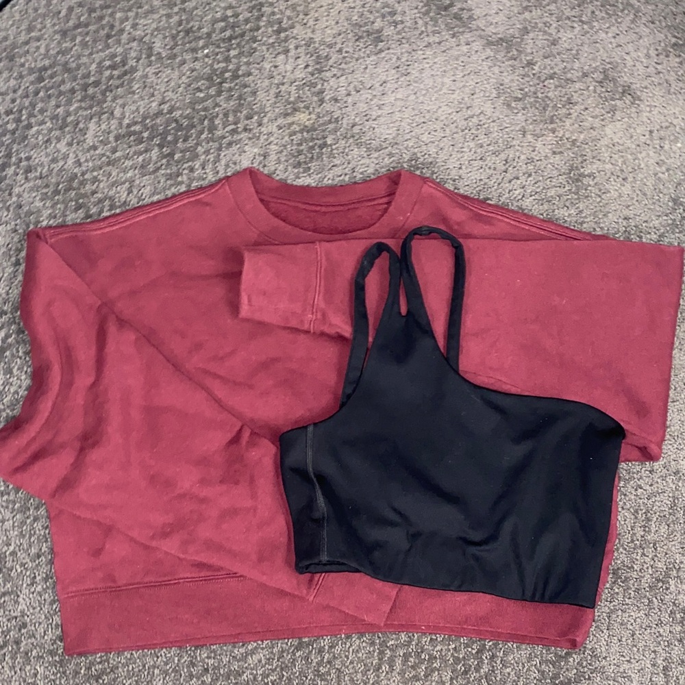 Girlfriend Collective Maroon Sweatshirt and Black One Shoulder Sports Bra Set
